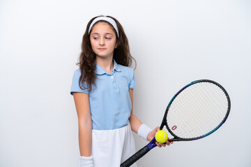 Little girl isolated on white background playing tennis