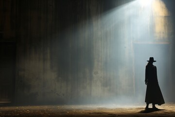Anonymous figure in dramatic silhouette against a studio backdrop, Generative AI 