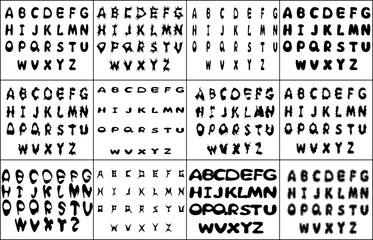 English alphabet. Collection of cartoon fonts. Black capital letters on a transparent background. Vector.