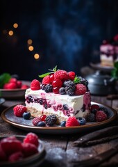 Fototapeta na wymiar Cheesecake with blueberry, raspberry and blackberry. Cozy blur background.