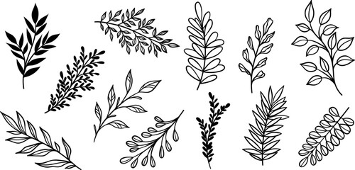 Leaf illustration set, line art leaves scattered vector doodle collection - 694761082