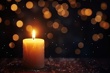 Christmas candlelight. Enchanting scene captures essence of holiday season with warm and inviting ambiance. Backdrop of dark starry night golden candle burns brightly casting soft glow