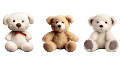 Cutout set of 3 stuffed toy teddy bear animals isolated on transparent png background