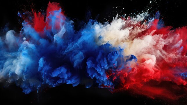Red, blue, and white powder explosion on black background. Splashes of Holi paint powder in the colors of the French and Dutch flags