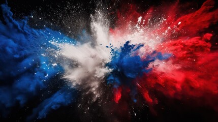 Explosive bursts of red, blue, and white powder on a black background, evoking the lively spirit of Holi paint and echoing the colors of the French and Dutch flags.

 - obrazy, fototapety, plakaty