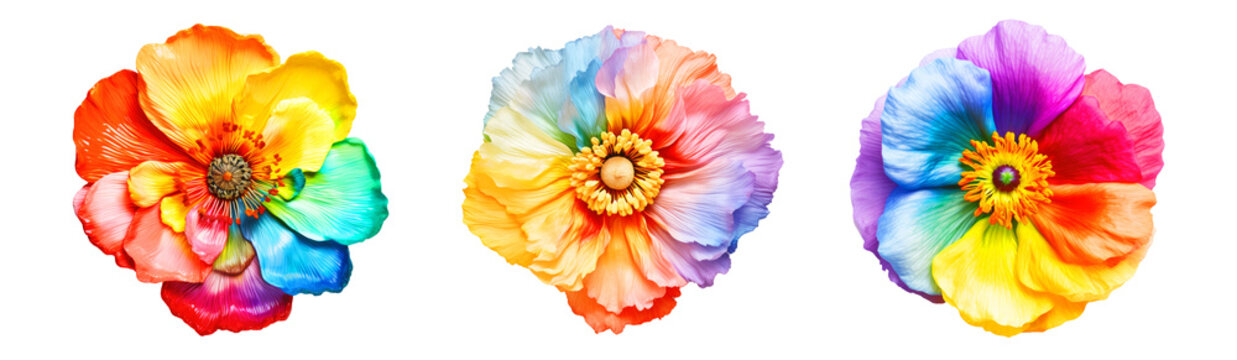 set of rainbow decor flowers on isolated background