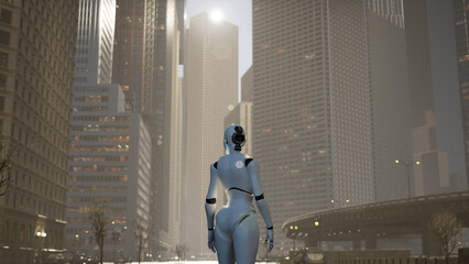 Fototapeta premium female robot walking along a street in a big city. humanoid AI robot crossing street. 3d animation. future automation job.