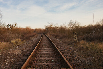 Fototapeta premium Railway in the Field - Railroad tracks in the Countryside - Rails - Rail Track - Background - Railroad - Concept - Horizon - Nature - Sky - Urbex / Urbexing - Lost Place 