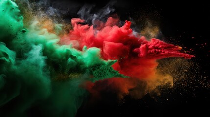 Red, green, and white colored powder explosion on a black background. Holi paint powder splash in colors of the Italy flag