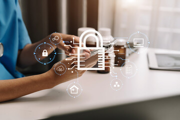 Network security system. Personal Data information on Tablet.Information and cyber security Technology Services. Cybersecurity and business data management concept