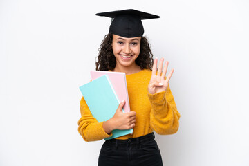 Arab university graduate woman holding books isolated on white background happy and counting four with fingers