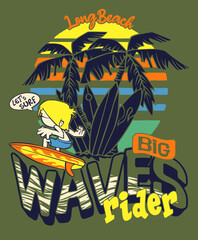 Long Beach kids surf waves rider cute cartoon vector surfer for children summer wear and t shirt - obrazy, fototapety, plakaty
