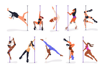 Pole dance poses, moves set. Sexy flexible women, men dancers during poledance, erotic and sport performance. Characters perform with bar. Flat graphic vector illustration isolated on white background - obrazy, fototapety, plakaty