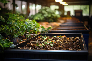 Close-up of an indoor composting bin with organic waste ready to decompose, set against blurred plants and warm lights. - obrazy, fototapety, plakaty
