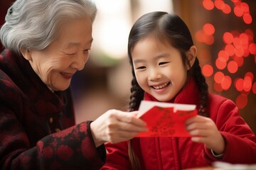close-up of a Chinese girl and her grandmother smiling and showing love, giving her a red New Year envelope - obrazy, fototapety, plakaty