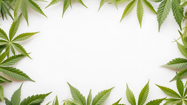White plain background with frame of marijuana leaves.