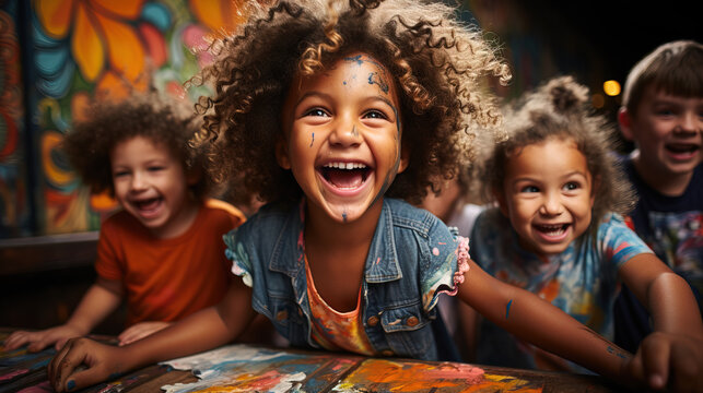 Joyful children laughing and painting in a vibrant, messy art class, showcasing expressions of happiness and creativity.