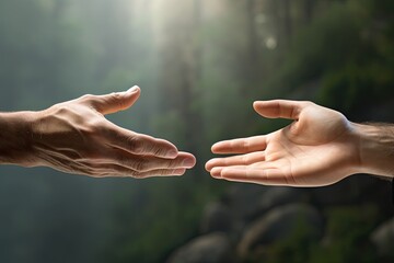 A photo of two men's hands reaching for each other. The concept of friendship, help, touch, support - obrazy, fototapety, plakaty