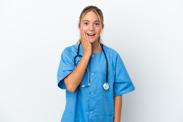 Little caucasian girl disguised as surgeon isolated on white background with surprise and shocked...