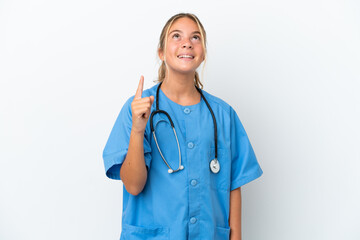 Little caucasian girl disguised as surgeon isolated on white background pointing up and surprised