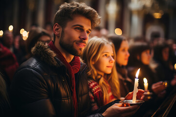 Young adults hold candles during a solemn indoor religious ceremony, reflecting devotion and spirituality. - obrazy, fototapety, plakaty