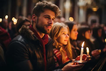 Fotobehang Young adults hold candles during a solemn indoor religious ceremony, reflecting devotion and spirituality. © Pavel
