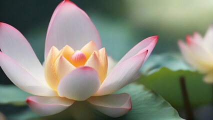 Close-up image that focuses on the delicate unfolding of lotus petals, capturing the moment as the flower gradually opens, background image, generative AI