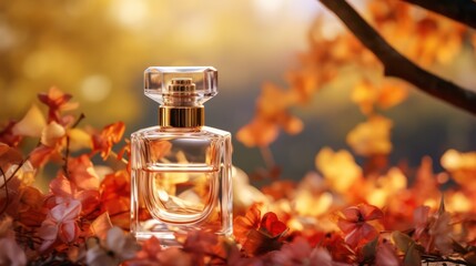 A transparent glass bottle of perfume displayed on a background of vibrant fall leaves and autumnal flowers. An elegant and luxurious fragrance mockup presentation bathed in golden sunlight.