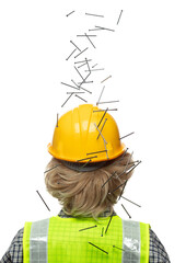 Back view caucasian construction industrial worker wear yellow hard hat safety vast. Hammer nails...