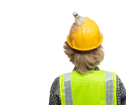 Back view caucasian blonde man construction industrial worker wear yellow hard hat safety vast. Badminton shuttlecock fly fall down into head of engineer as accident. White background isolated