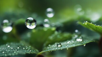 Close-up image capturing the miniature world of dewdrops on leaves, emphasizing the intricate patterns and reflections within each tiny droplet, background image, generative AI