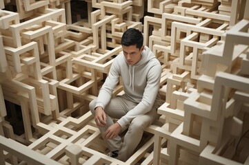 Perplexed Man stuck in the middle of maze. Confused male blocked in round labyrinth. Generate ai