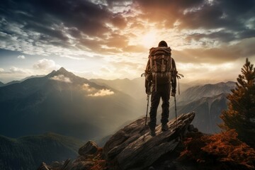 Fototapeta na wymiar Adventurous Man mountain hiker. Sport person portrait in adventure equipment. Generate Ai