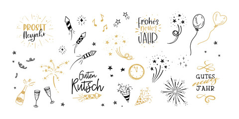 Fun hand drawn New Years Party doodles and german New Years Greetings - firework, paper streamers, cocktails and rockets , great for banners, wallpapers, textiles, wrapping - vector design - obrazy, fototapety, plakaty