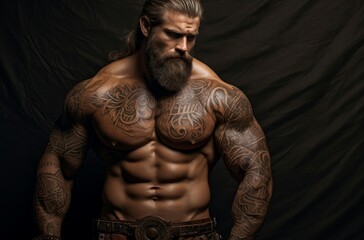 Fototapeta na wymiar Artistic Man muscular medieval photo shot. Beard person. Generate Ai
