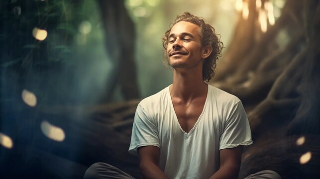 Meditation in the forest, a person breathing deeply, balance and harmony in the inner life, a spiritual experience