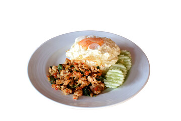 ข้าวผัดกระเพราหมู Rice topped with stir-fried pork and basil