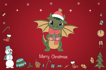 Christmas card with a cute green dragon symbol of 2024. Funny green dragon with a gift. Merry Christmas and Happy New Year card. Vector. 