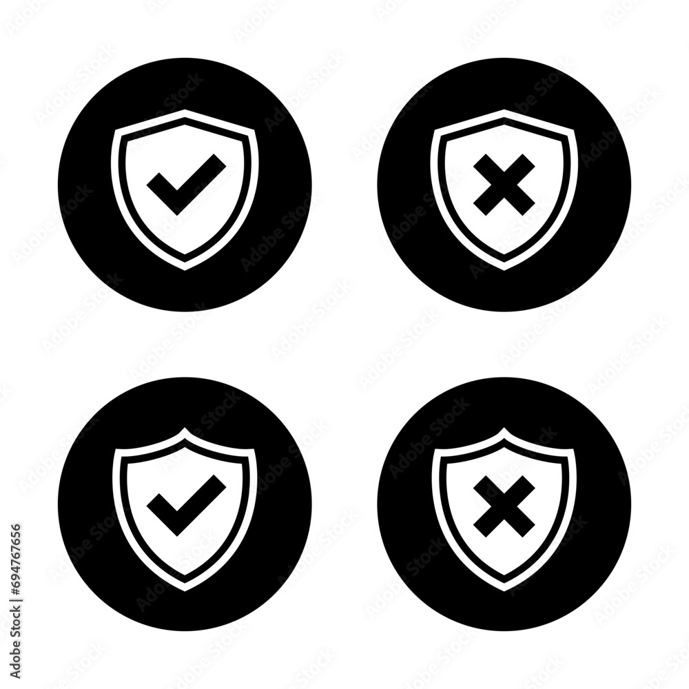 Poster checkmark and cross shield icon on black circle. check and x symbol vector