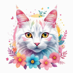 Animal face on flower background, cat, animal, kitten, pet, cute, domestic, feline, eyes, white