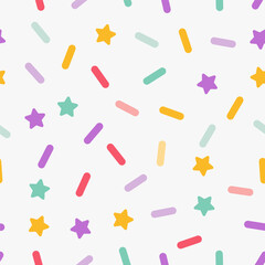 Simple minimalistic seamless pattern, multicolored playful hand drawn cute lines and stars on a white background. Sugar sprinkles on donut, confetti.