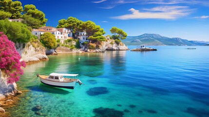 A vibrant springtime vista unfolds at Cameo Island, capturing the picturesque morning scene at Port Sostis on Zakynthos Island in Greece, Europe