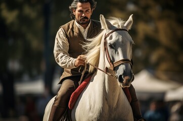 Obraz premium Man horse competition. Rider riding sportive. Generate Ai