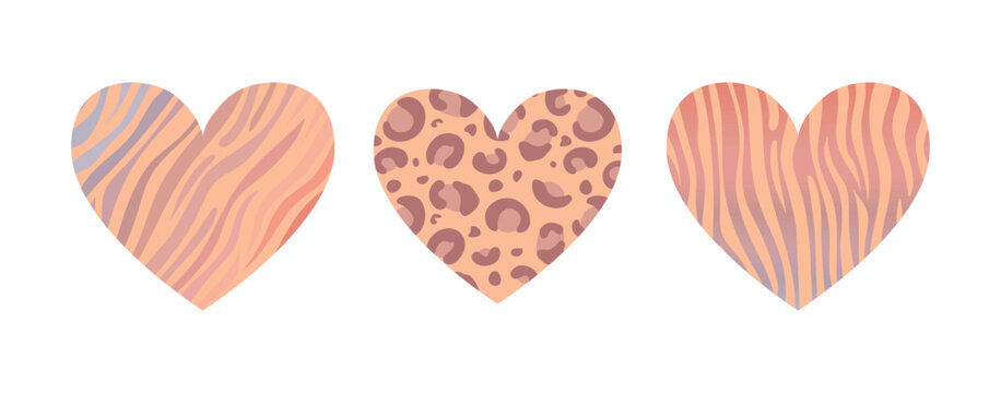 Set of hearts for Valentines Day. trendy color Peach Fuzz. With an animalistic pattern. Zebra, leopard, tiger. Safari. For stickers, posters, postcards, design elements