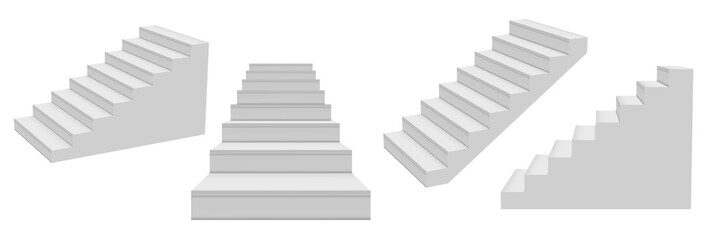Many 3D White Stairs. Blank Mockup Set