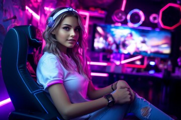 Young woman pro gamer streamer playing in online video game, neon color soft focus.