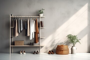 A trendy and stylish clothes rack displaying a variety of fashionable garments in a modern interior.
