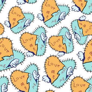 seamless pattern with broken heart in flat style in vector.plush torn heart. image for wrapping, wallpaper, background