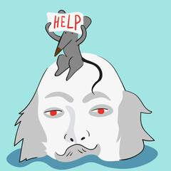 mice on a stone in the form of a head. sea scene in flat style in vector.illustration for packaging design, postcard, sticker, background