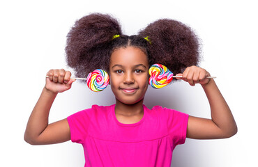 Smile little american girl eating lollipop, holding pink sweet colorful lollipop candy, sweets....